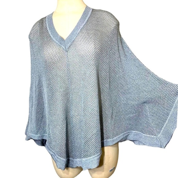 𝅺MICHAEL Kors Silver Metallic Gray Oversized Mesh Kimono Shirt V Neck Poncho XS - Picture 1 of 13